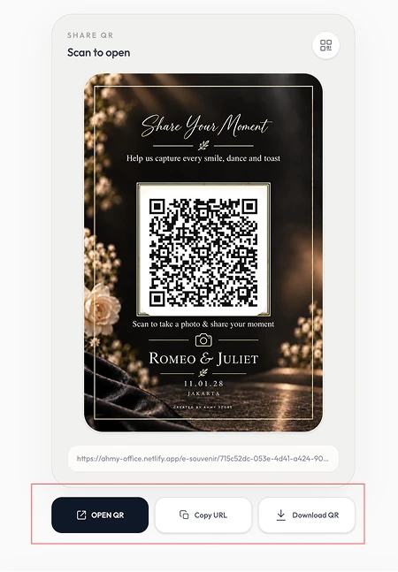 Pilihan Download QR Open QR dan Copy Link Digital Photobooth AHMY