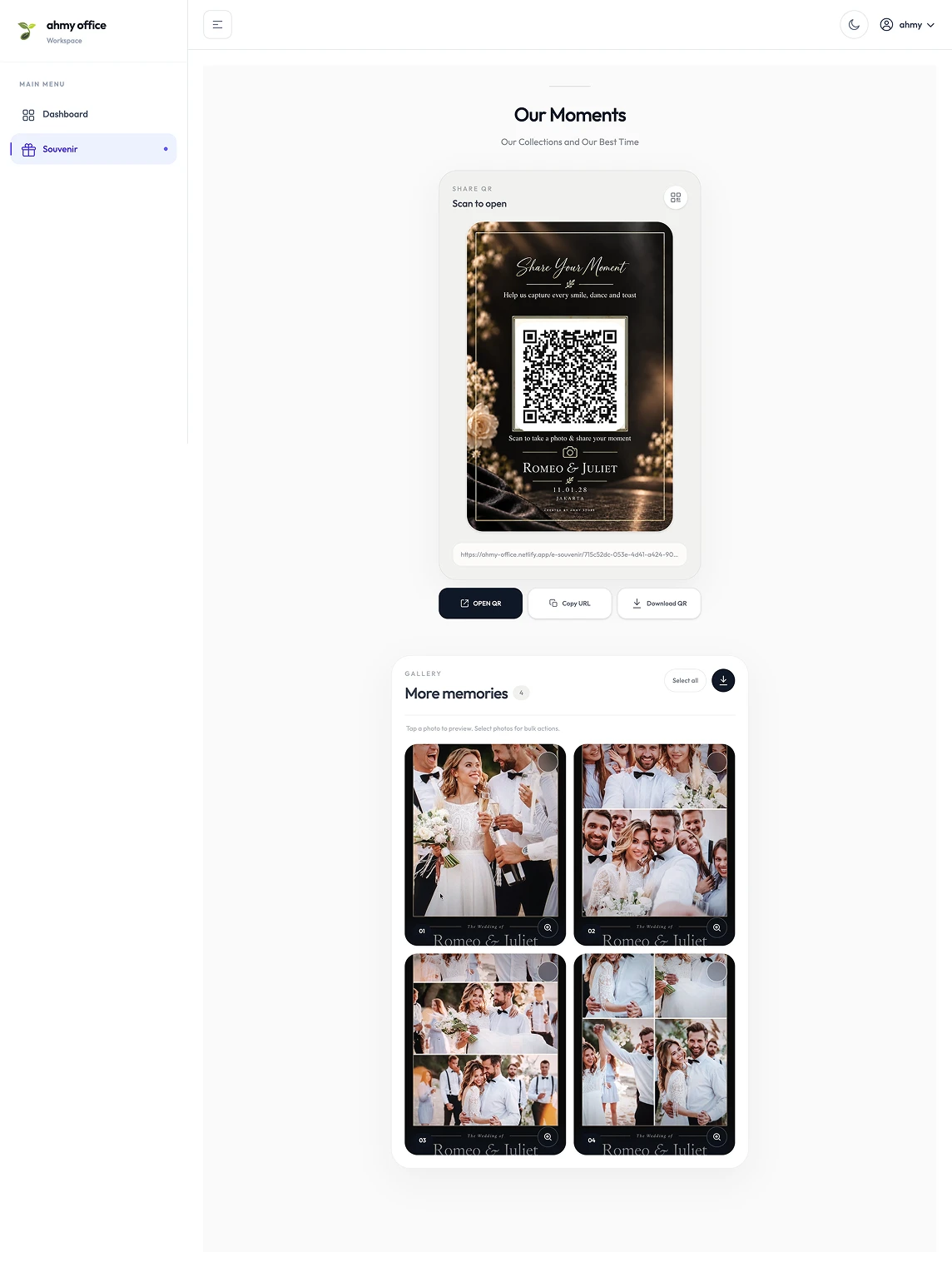 Halaman detail Digital Photobooth AHMY dengan QR Code dan galeri