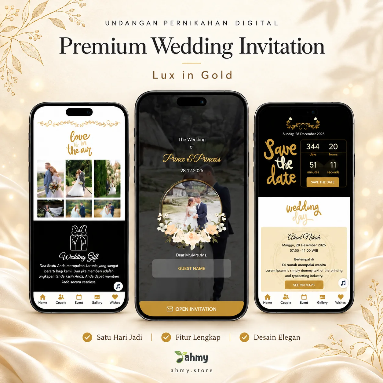 Undangan Digital Pernikahan Full Fitur | Website Undangan Wedding Premium Aesthetic Sehari Jadi - Lux in Gold