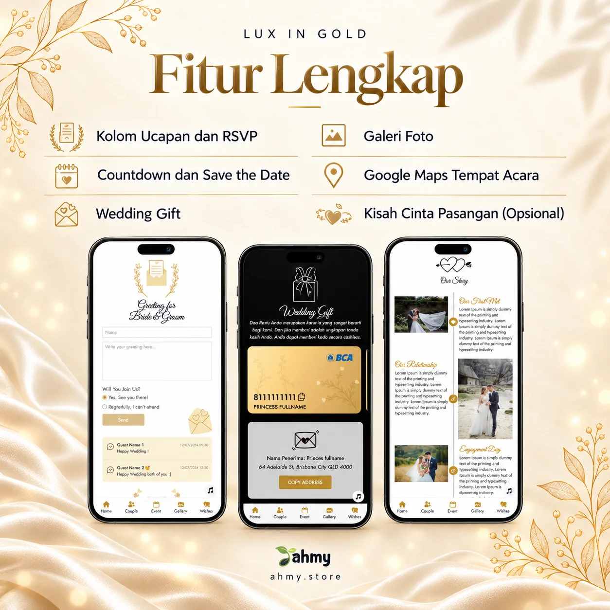 Undangan Digital Pernikahan Full Fitur | Website Undangan Wedding Premium Aesthetic Sehari Jadi - Lux in Gold 3