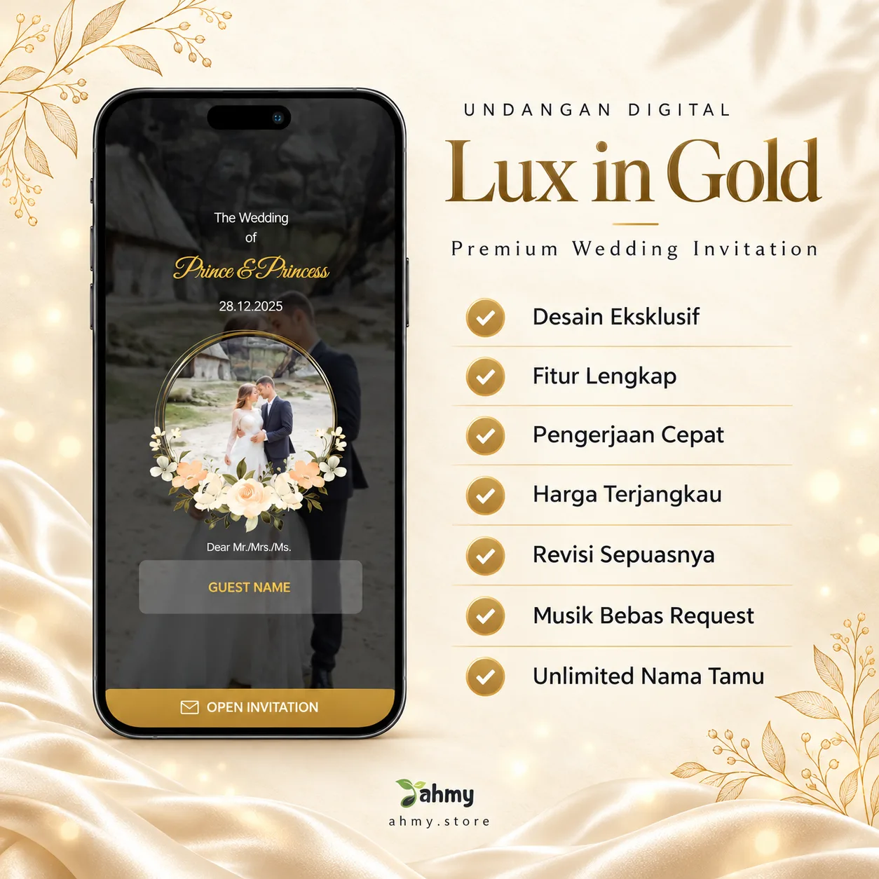 Undangan Digital Pernikahan Full Fitur | Website Undangan Wedding Premium Aesthetic Sehari Jadi - Lux in Gold 2